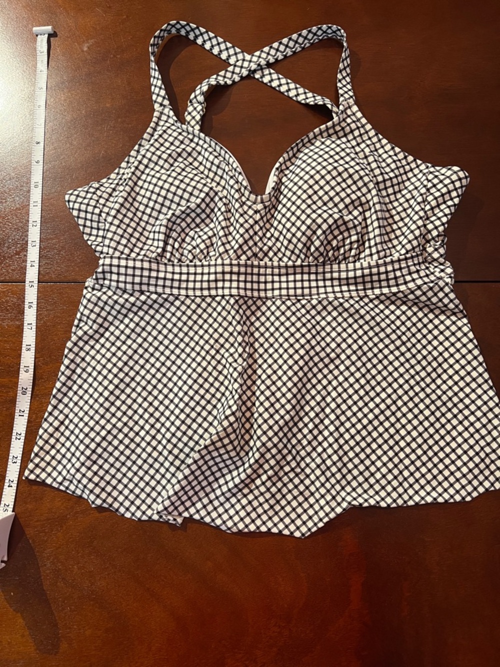 Kona Sol White and Black Checked Cross-Back Swim peplum Tankini Top